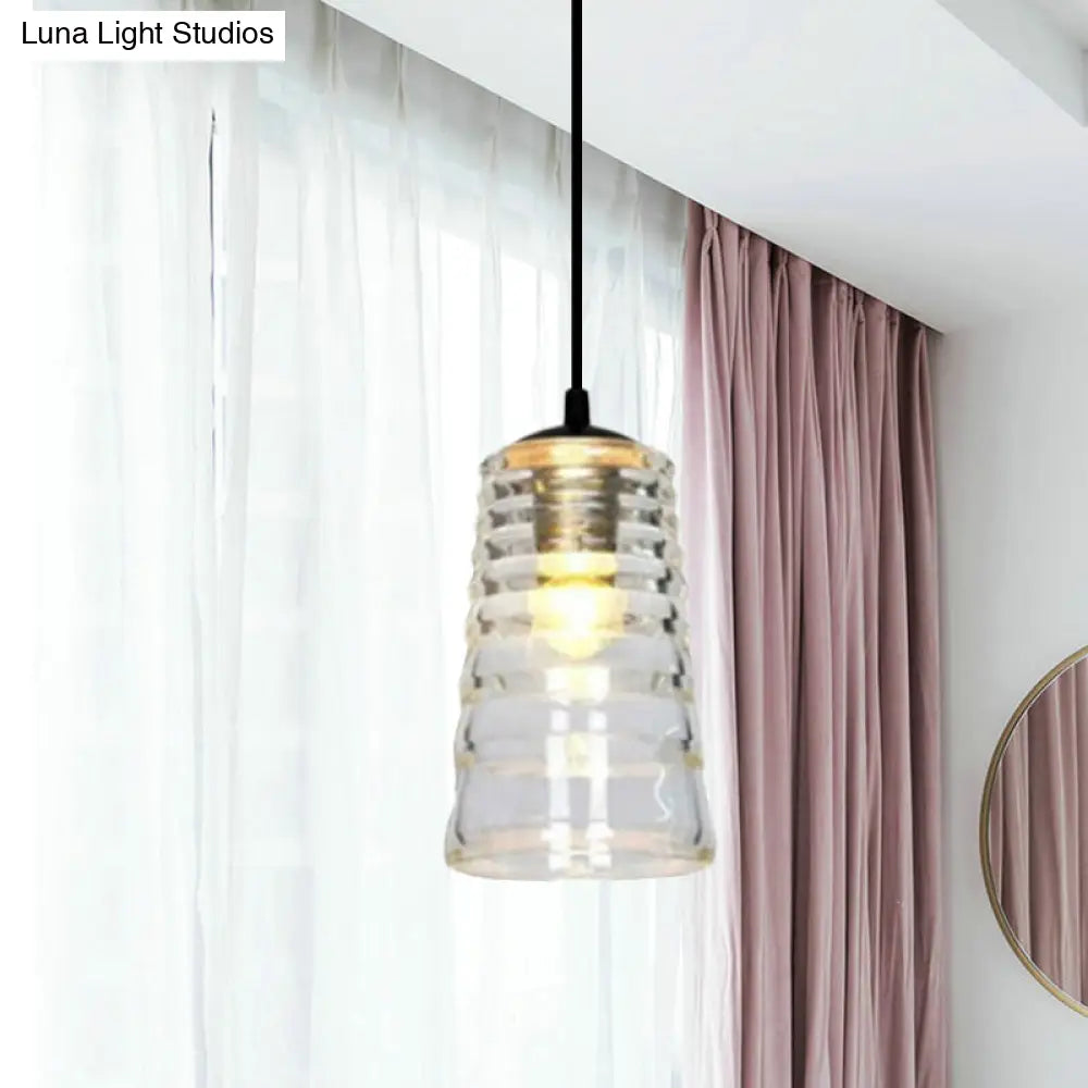 Modernist Clear Ruffle Glass Pendant Lamp - Cone/Dome/Flared Design 1-Light Black Ceiling Hanging