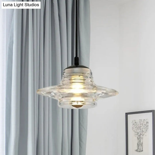 Modernist Clear Ruffle Glass Pendant Lamp - Cone/Dome/Flared Design 1-Light Black Ceiling Hanging