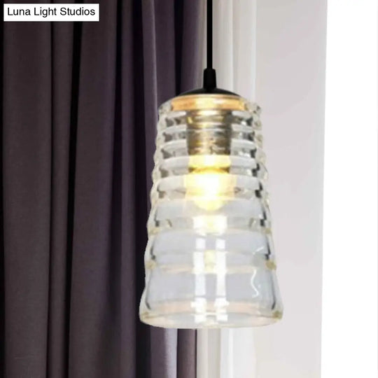 Modernist Clear Ruffle Glass Pendant Lamp - Cone/Dome/Flared Design 1-Light Black Ceiling Hanging