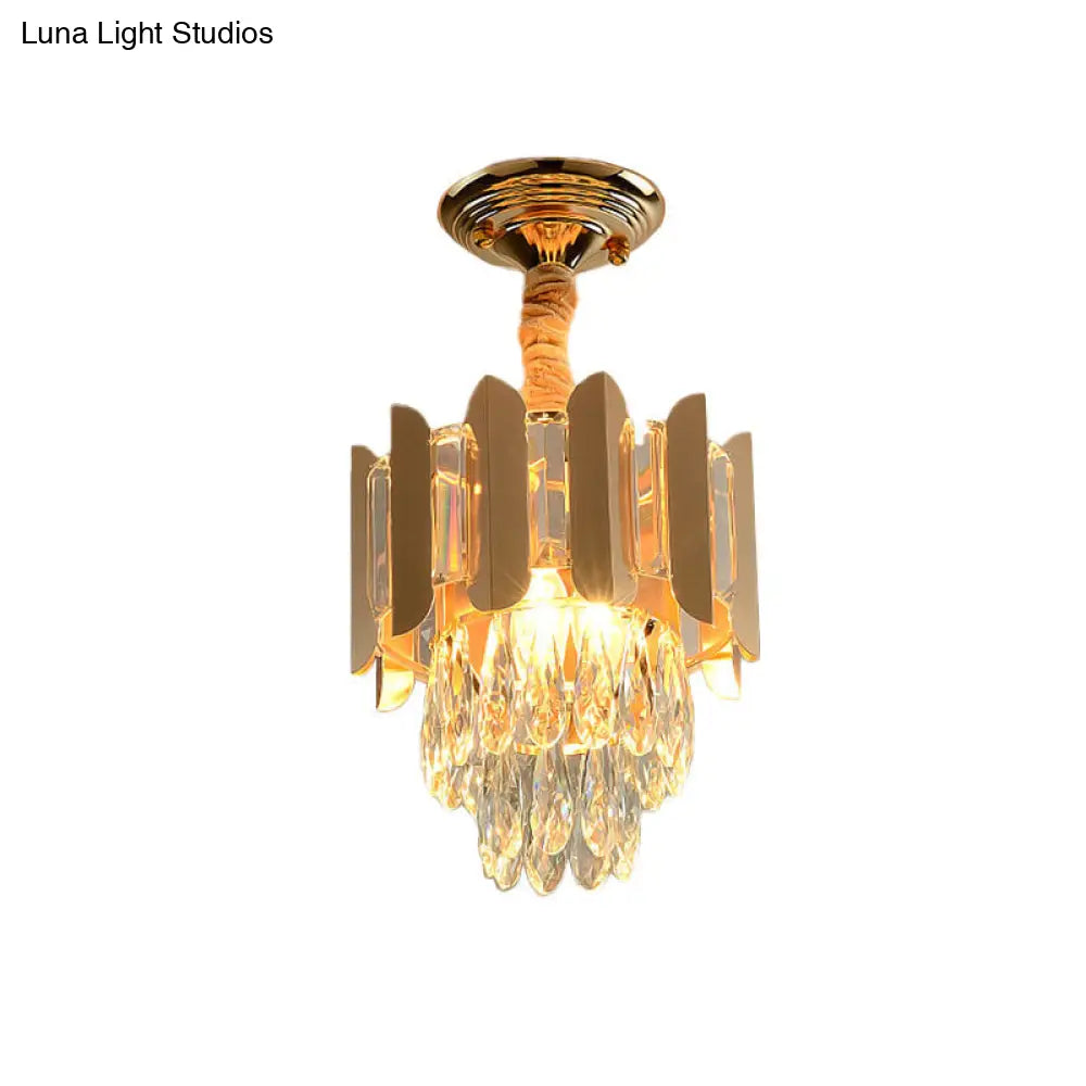 Clear/Smoke Crystal 3-Light Semi Flush Ceiling Lamp In Antique Gold/Black/Rose Gold For Hallway