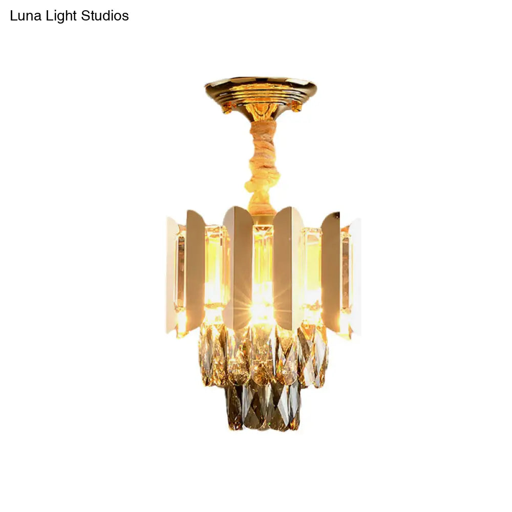 Clear/Smoke Crystal 3-Light Semi Flush Ceiling Lamp In Antique Gold/Black/Rose Gold For Hallway