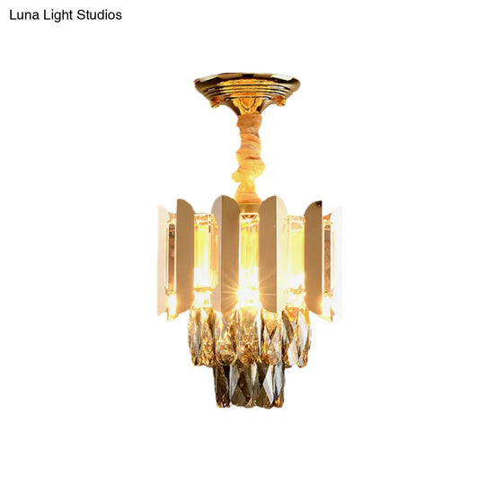 Clear/Smoke Crystal 3-Light Semi Flush Ceiling Lamp In Antique Gold/Black/Rose Gold For Hallway