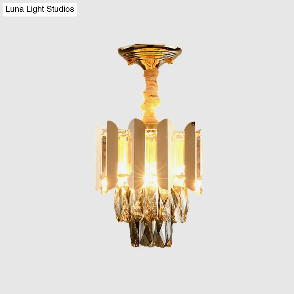 Clear/Smoke Crystal 3-Light Semi Flush Ceiling Lamp In Antique Gold/Black/Rose Gold For Hallway