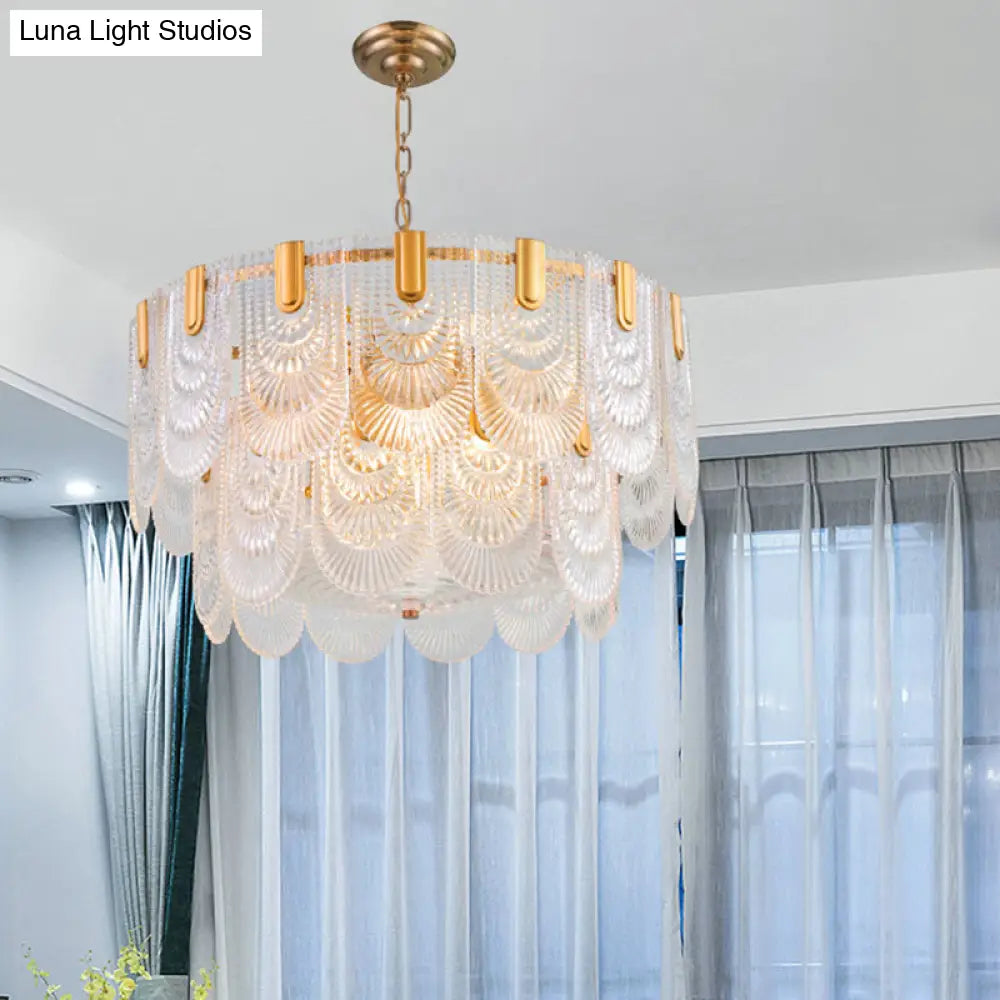 Clear Textured Glass Brass Drop Lamp - Scalloped Chandelier For Classic Dining Room