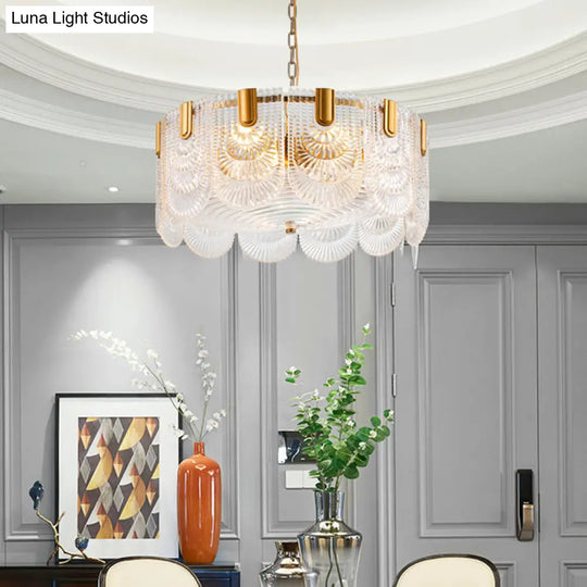 Clear Textured Glass Brass Drop Lamp - Scalloped Chandelier For Classic Dining Room