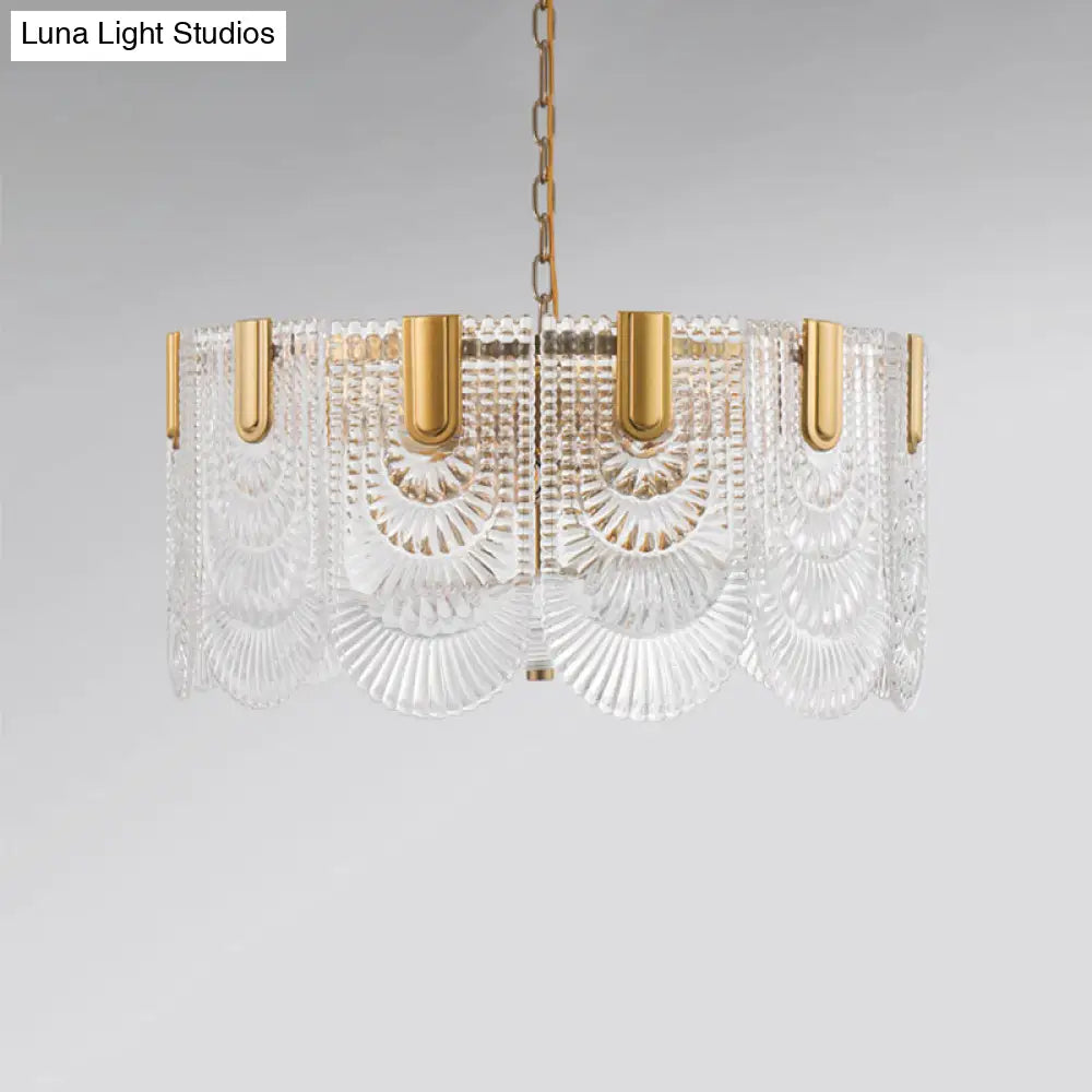 Clear Textured Glass Brass Drop Lamp - Scalloped Chandelier For Classic Dining Room