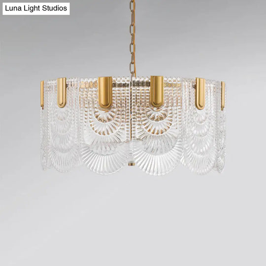 Clear Textured Glass Brass Drop Lamp - Scalloped Chandelier For Classic Dining Room