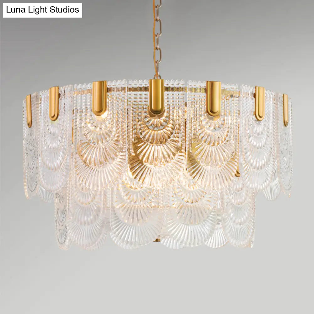 Clear Textured Glass Brass Drop Lamp - Scalloped Chandelier For Classic Dining Room