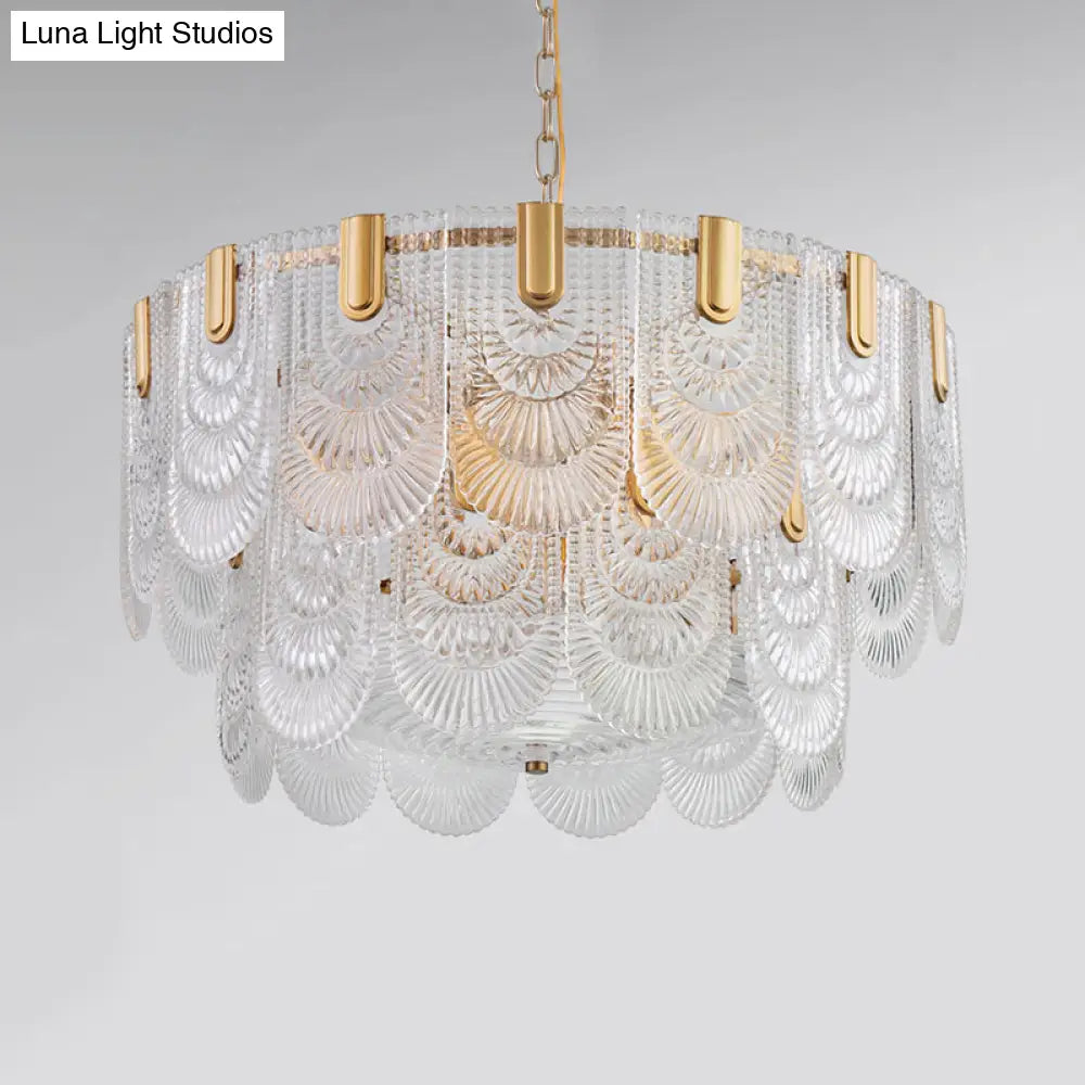 Clear Textured Glass Brass Drop Lamp - Scalloped Chandelier For Classic Dining Room