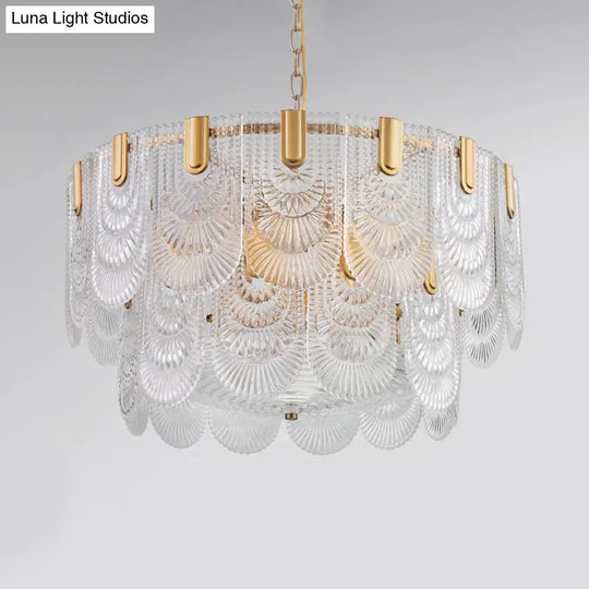 Clear Textured Glass Brass Drop Lamp - Scalloped Chandelier For Classic Dining Room