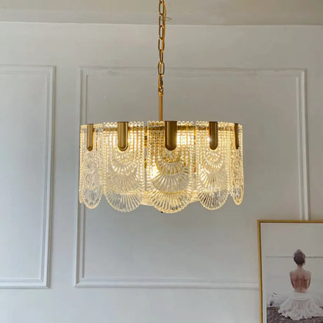 Clear Textured Glass Brass Drop Lamp - Scalloped Chandelier For Classic Dining Room
