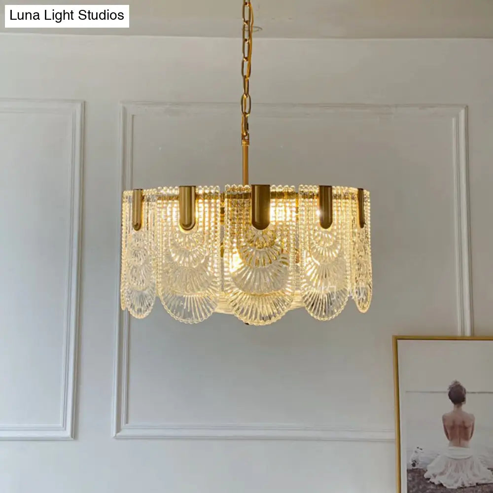 Clear Textured Glass Brass Drop Lamp - Scalloped Chandelier For Classic Dining Room