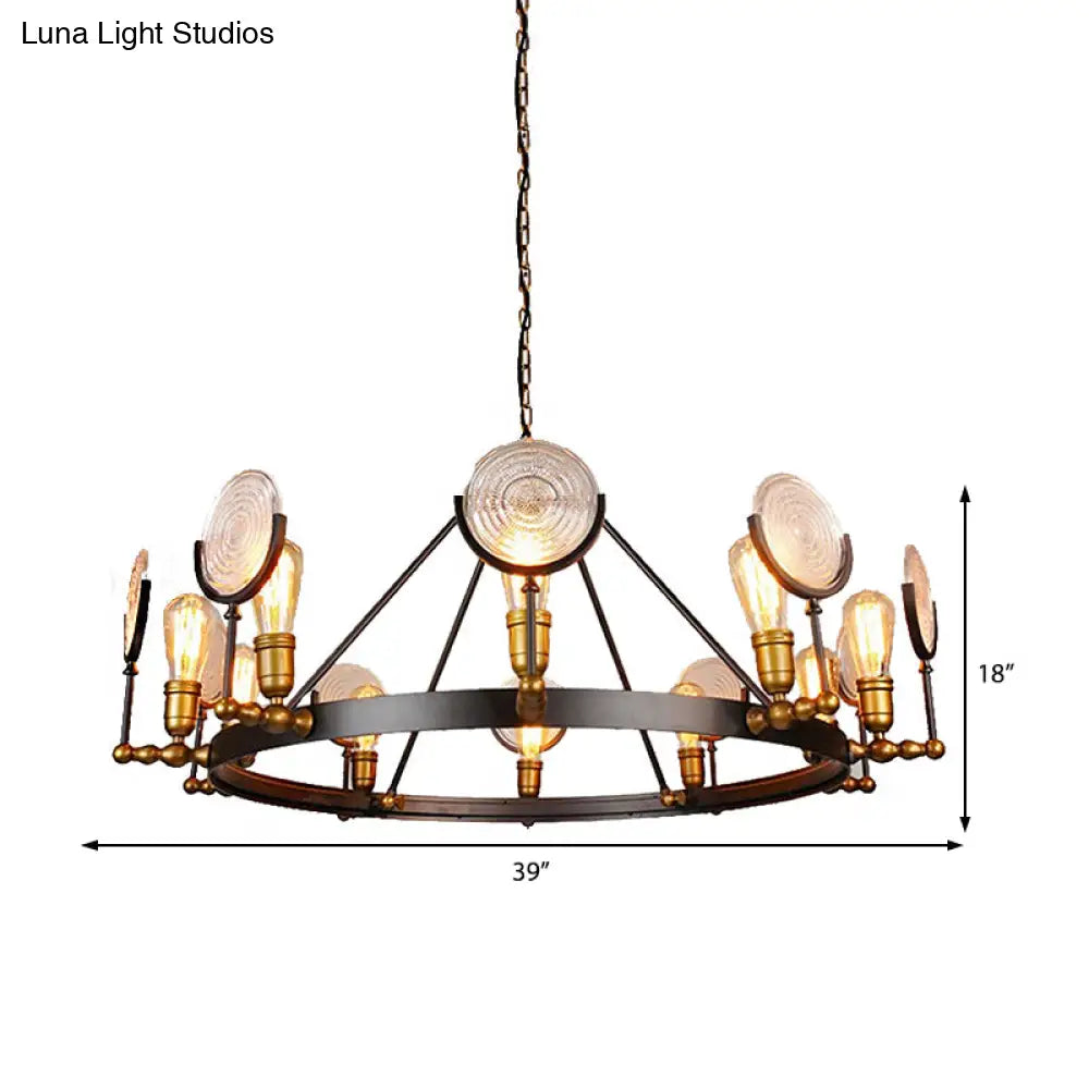 Clear Textured Glass Chandelier: Round Industrial Pendant Lighting - 6/8 Light | Brass Finish For