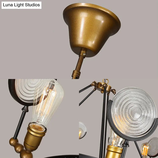 Clear Textured Glass Chandelier: Round Industrial Pendant Lighting - 6/8 Light | Brass Finish For