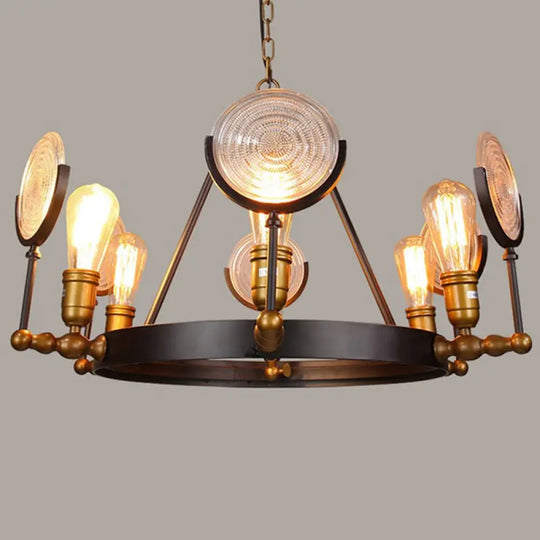 Clear Textured Glass Chandelier: Round Industrial Pendant Lighting - 6/8 Light | Brass Finish For