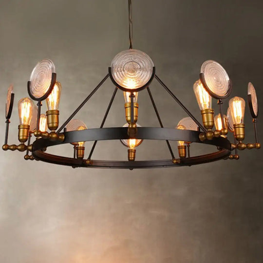 Clear Textured Glass Chandelier: Round Industrial Pendant Lighting - 6/8 Light | Brass Finish For