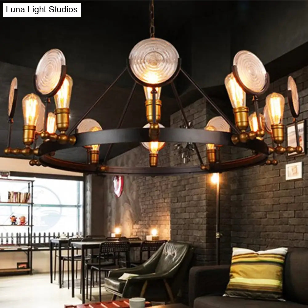 Clear Textured Glass Chandelier: Round Industrial Pendant Lighting - 6/8 Light | Brass Finish For