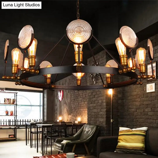 Clear Textured Glass Chandelier: Round Industrial Pendant Lighting - 6/8 Light | Brass Finish For