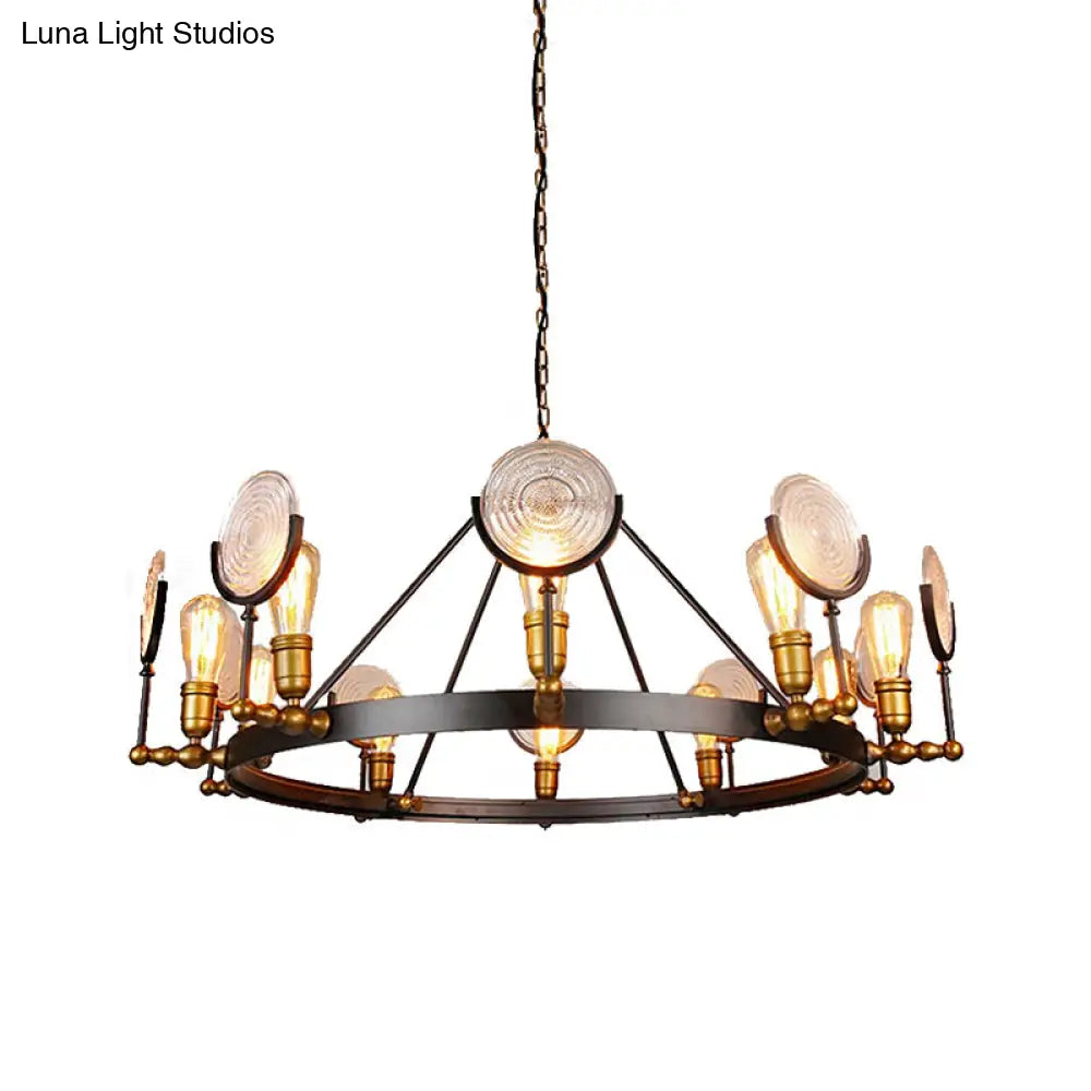 Clear Textured Glass Chandelier: Round Industrial Pendant Lighting - 6/8 Light | Brass Finish For