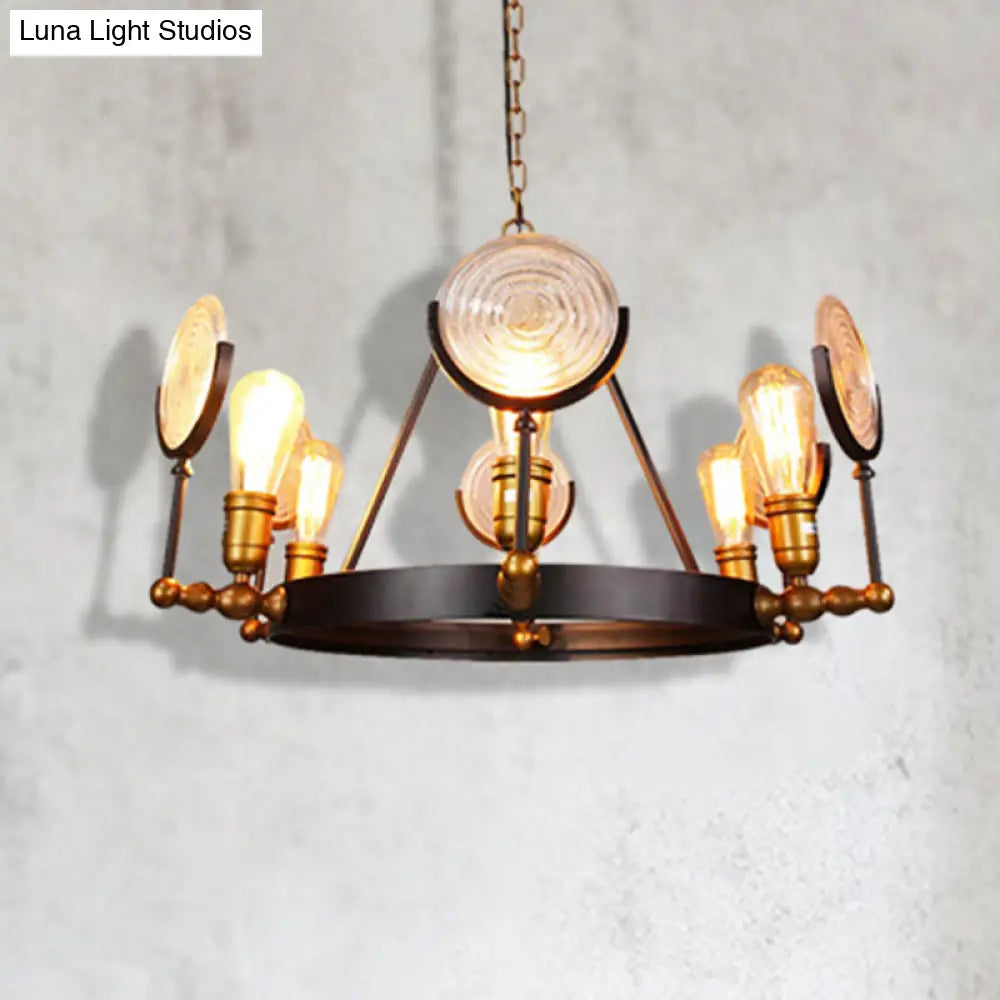 Clear Textured Glass Chandelier: Round Industrial Pendant Lighting - 6/8 Light | Brass Finish For