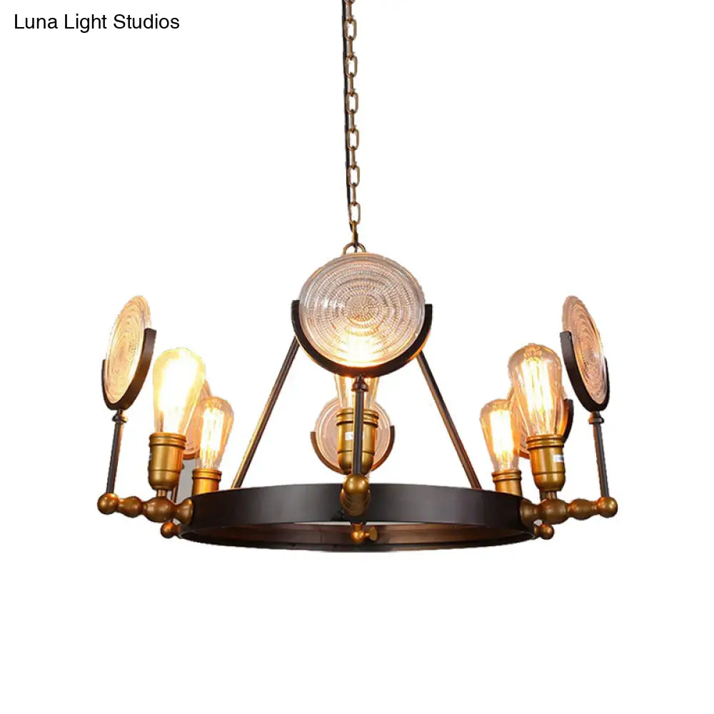 Clear Textured Glass Chandelier: Round Industrial Pendant Lighting - 6/8 Light | Brass Finish For