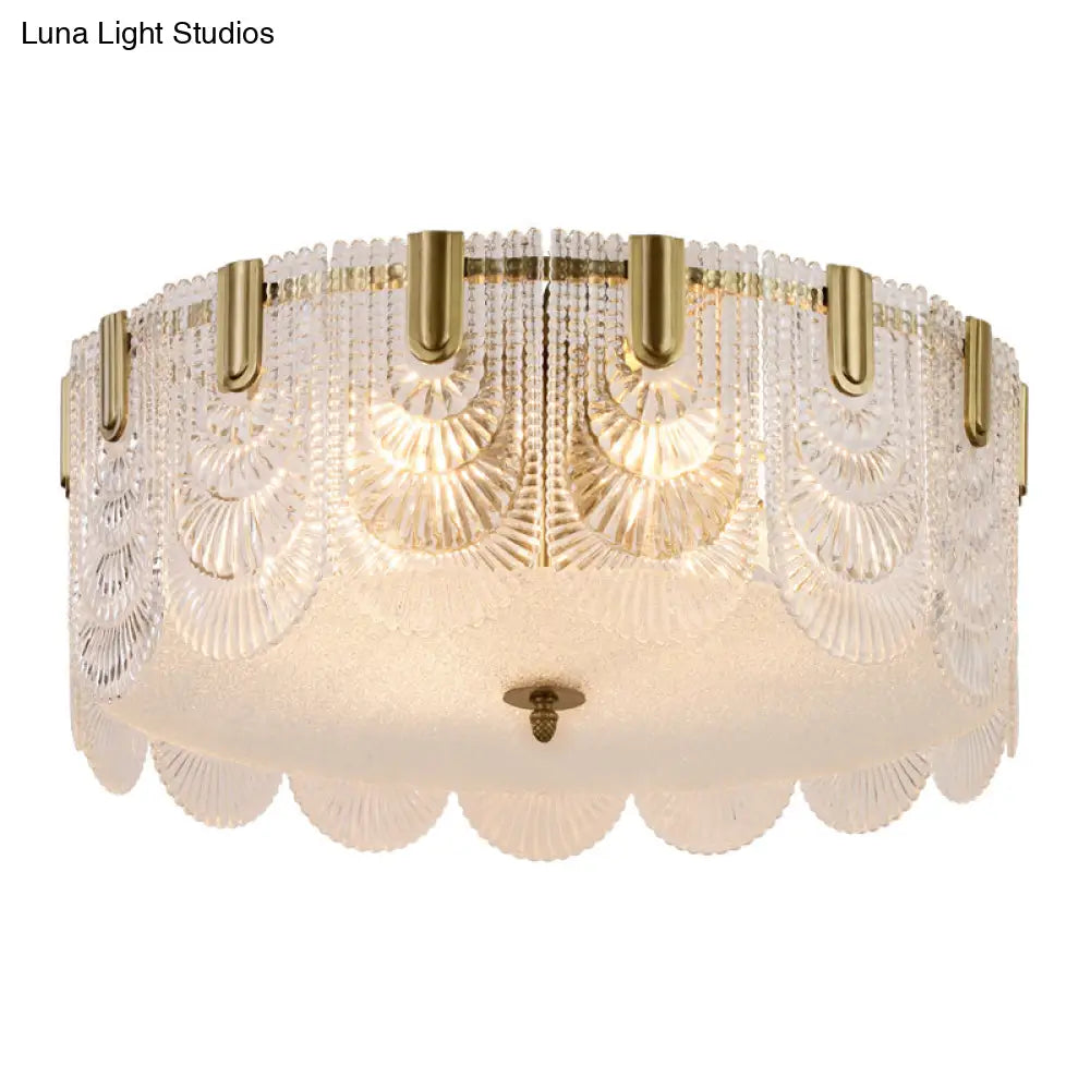 Clear Textured Glass Drum Ceiling Light With Scalloped Edge - Contemporary Flush Mount Fixture