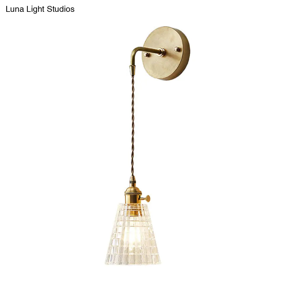 Clear Textured Glass Wall Sconce With Single Brass Bulb - Perfect For Industrial Bedroom Lighting