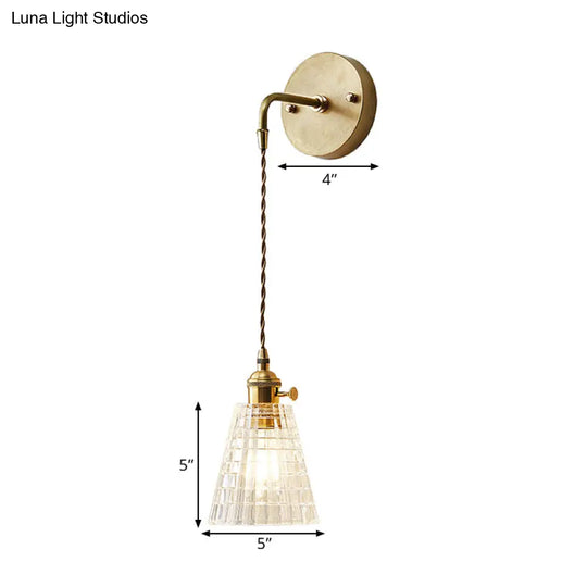 Clear Textured Glass Wall Sconce With Single Brass Bulb - Perfect For Industrial Bedroom Lighting