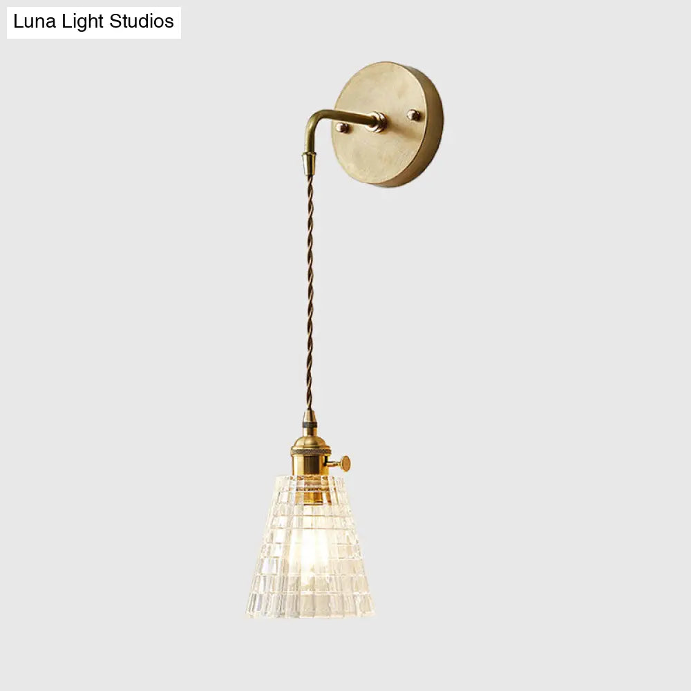 Clear Textured Glass Wall Sconce With Single Brass Bulb - Perfect For Industrial Bedroom Lighting