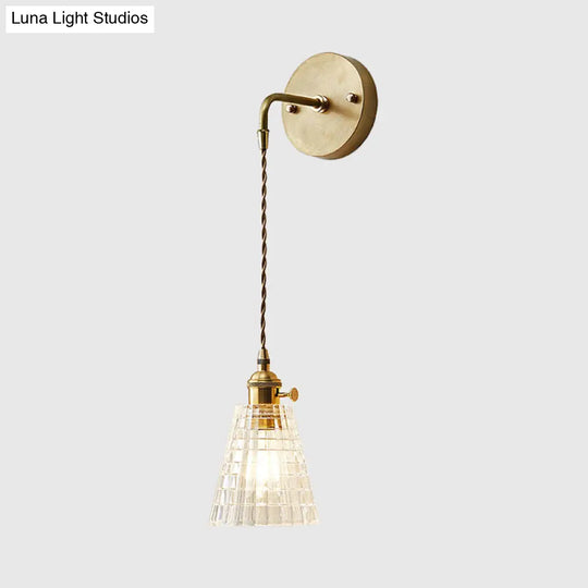 Clear Textured Glass Wall Sconce With Single Brass Bulb - Perfect For Industrial Bedroom Lighting