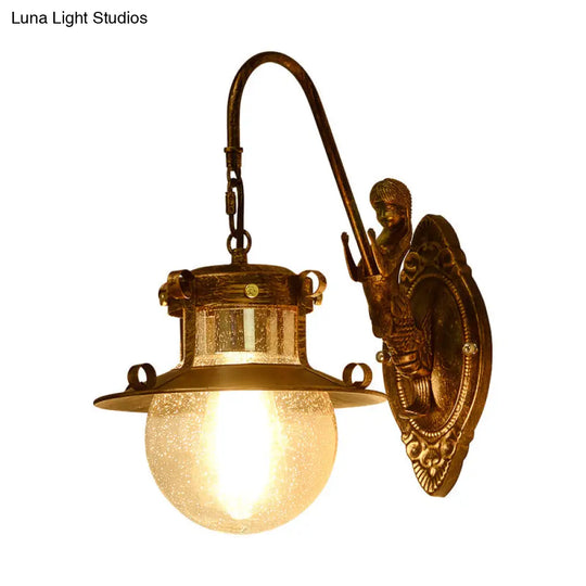 Clear Water Glass Wall Sconce Fixture - Classic 1 Head Dining Room Light With Mermaid Arm In Brass