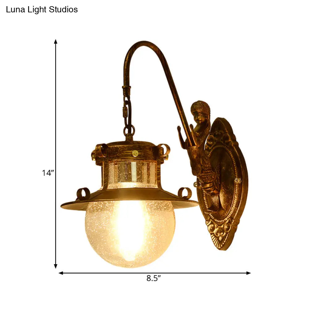 Clear Water Glass Wall Sconce Fixture - Classic 1 Head Dining Room Light With Mermaid Arm In Brass