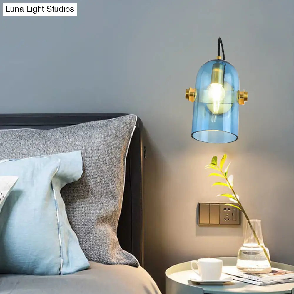 Cloche Sconce Light With Amber/Blue/Smoke Gray Glass In Retro Brass Finish - Bedroom Wall Mount