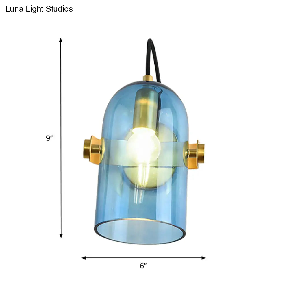 Cloche Sconce Light With Amber/Blue/Smoke Gray Glass In Retro Brass Finish - Bedroom Wall Mount