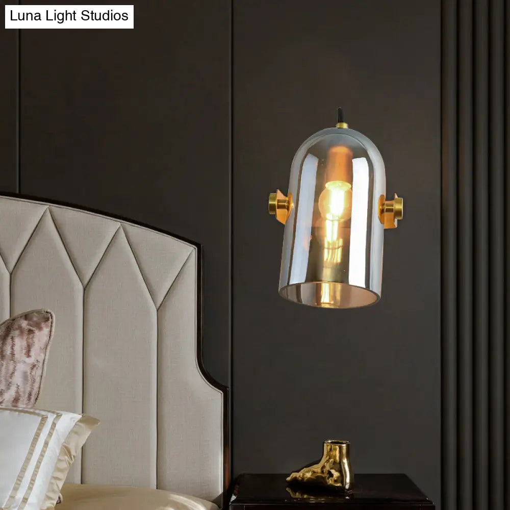 Cloche Sconce Light With Amber/Blue/Smoke Gray Glass In Retro Brass Finish - Bedroom Wall Mount