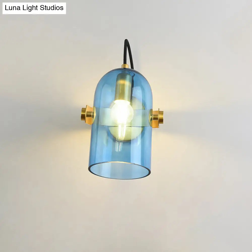 Cloche Sconce Light With Amber/Blue/Smoke Gray Glass In Retro Brass Finish - Bedroom Wall Mount