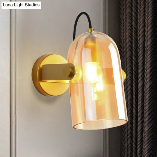 Cloche Sconce Light With Amber/Blue/Smoke Gray Glass In Retro Brass Finish - Bedroom Wall Mount