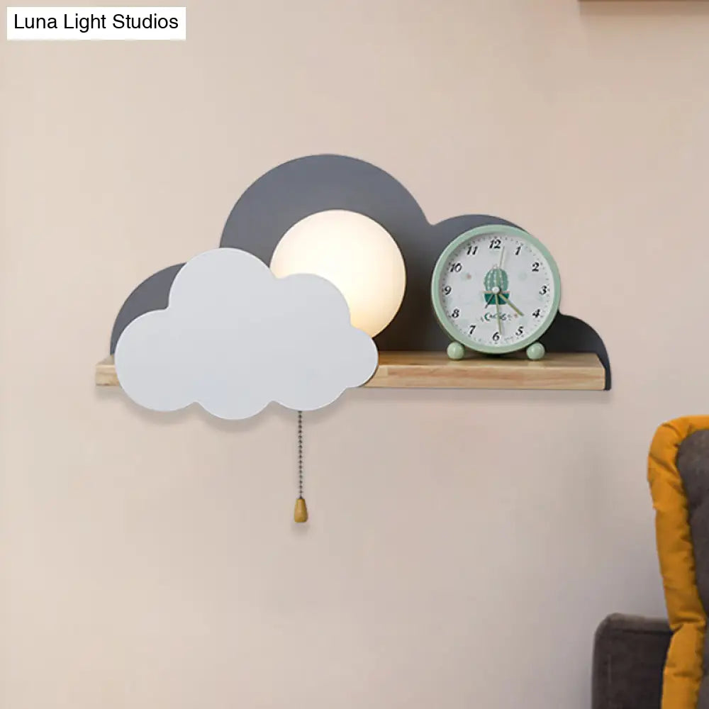 Cloud Design Wall Light With Wood Shelf In Pink/Grey/White Opal Glass