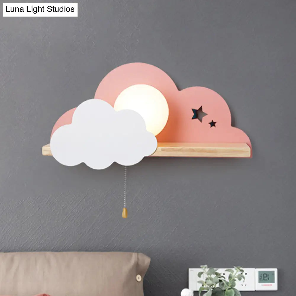 Cloud Design Wall Light With Wood Shelf In Pink/Grey/White Opal Glass