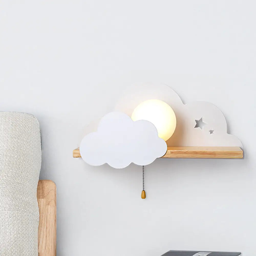 Cloud Design Wall Light With Wood Shelf In Pink/Grey/White Opal Glass White