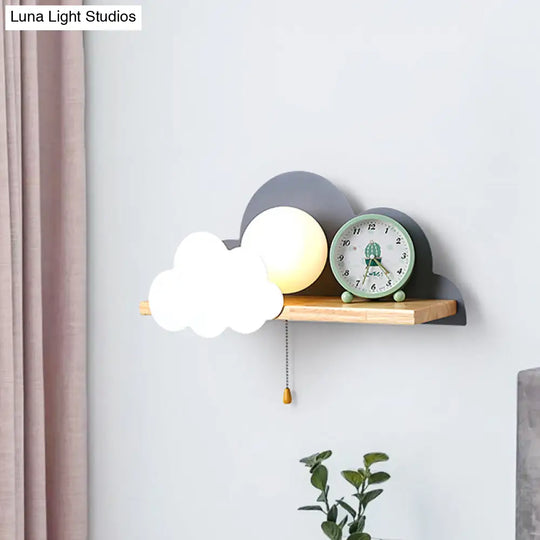 Cloud Design Wall Light With Wood Shelf In Pink/Grey/White Opal Glass