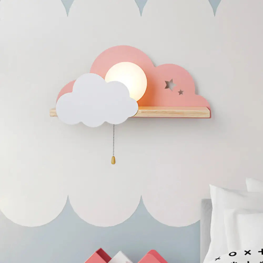 Cloud Design Wall Light With Wood Shelf In Pink/Grey/White Opal Glass Pink