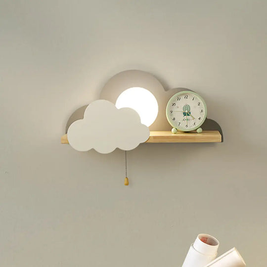 Cloud Design Wall Light With Wood Shelf In Pink/Grey/White Opal Glass Grey