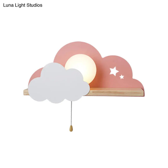 Cloud Design Wall Light With Wood Shelf In Pink/Grey/White Opal Glass