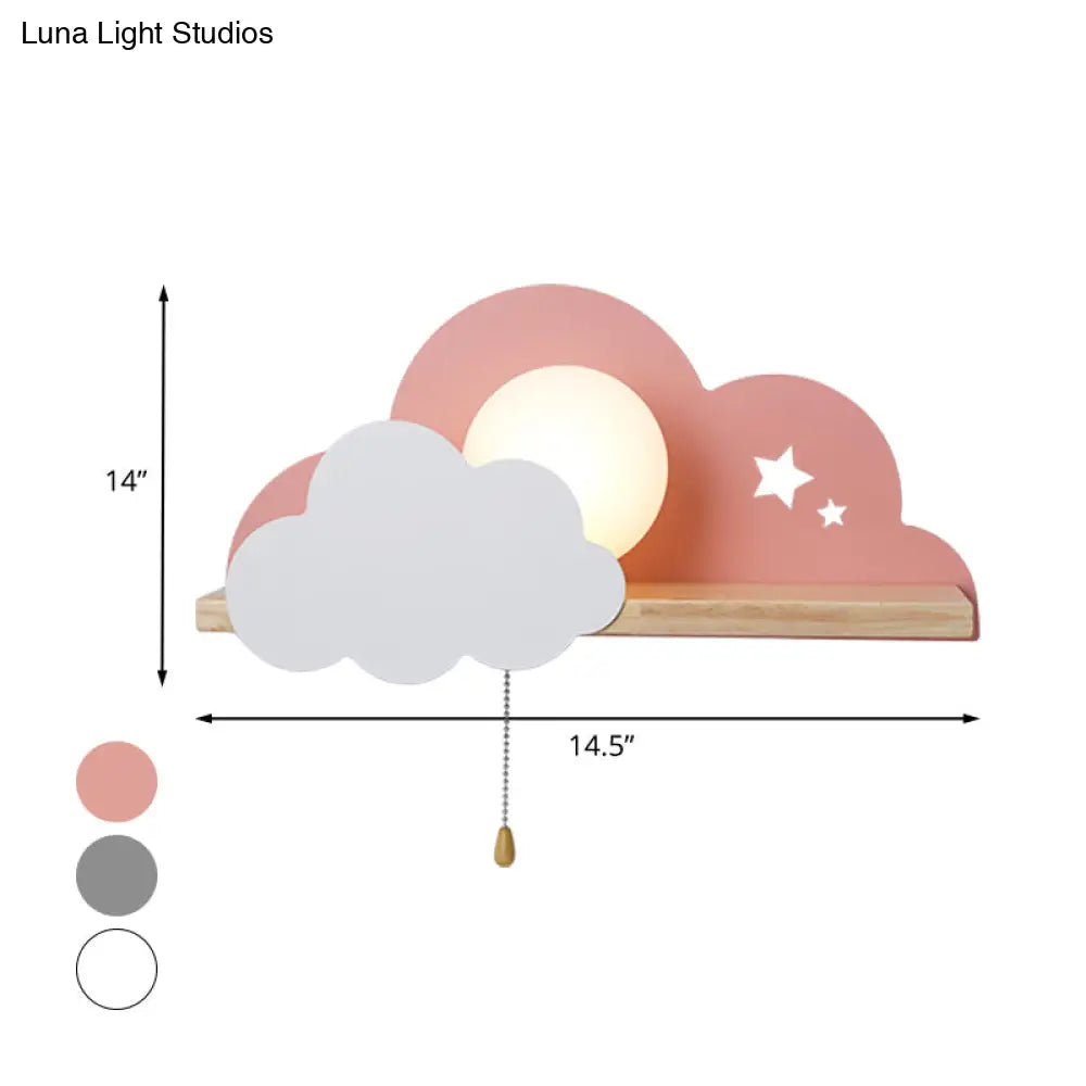 Cloud Design Wall Light With Wood Shelf In Pink/Grey/White Opal Glass