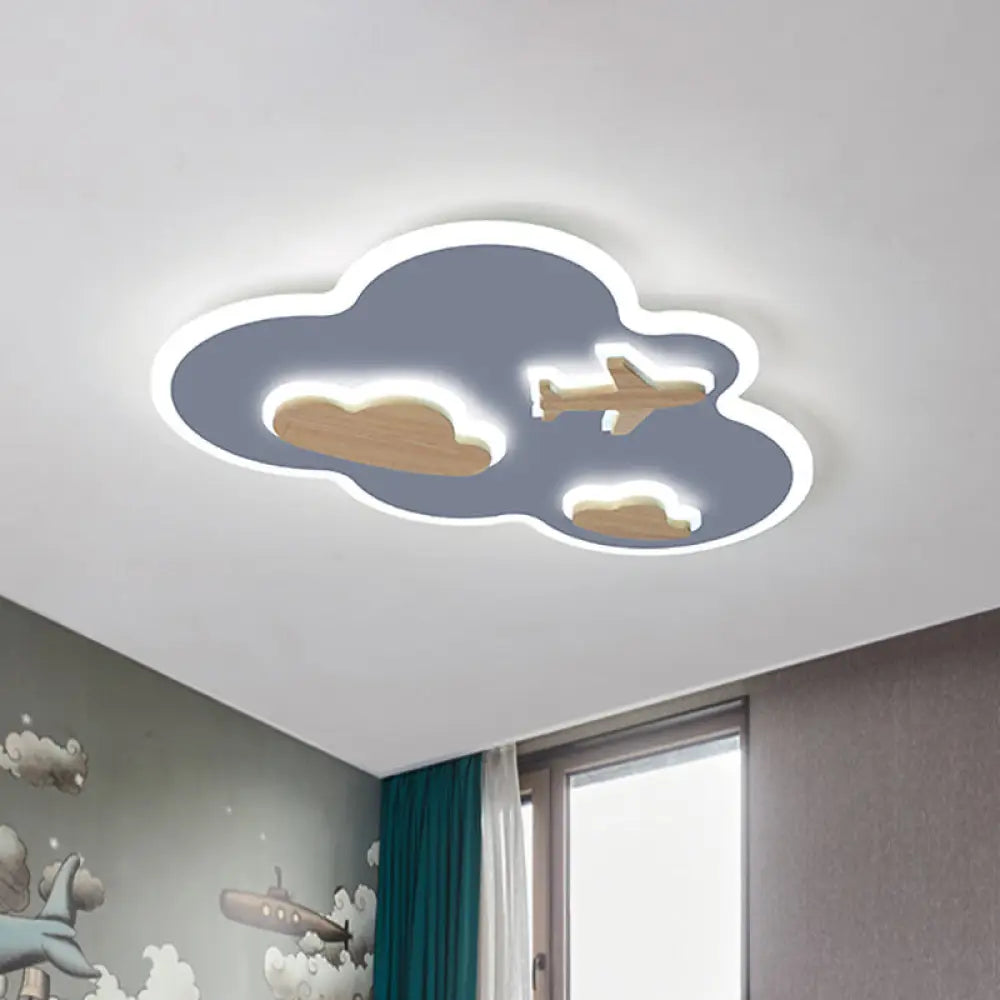 Cloud Flight Ceiling Flush Mount Cartoon Acrylic Blue Wood Led Light Fixture