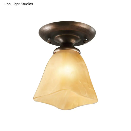 Cloudy Glass Tan Flushmount Cowbell Shaped Rural Ceiling Light For Stairs