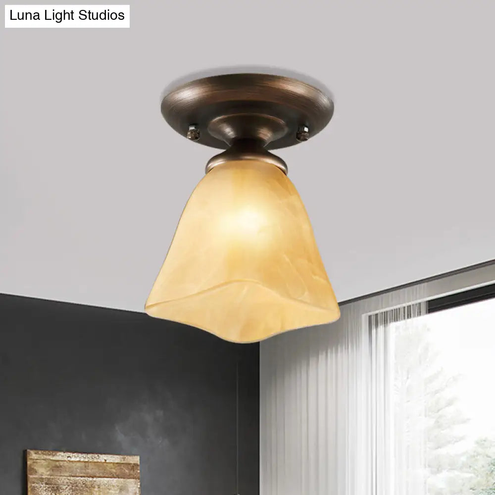 Cloudy Glass Tan Flushmount Cowbell Shaped Rural Ceiling Light For Stairs