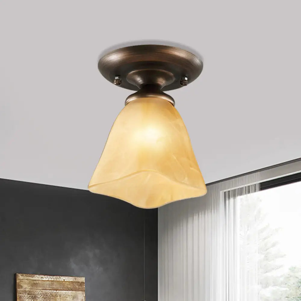 Cloudy Glass Tan Flushmount Cowbell Shaped Rural Ceiling Light For Stairs