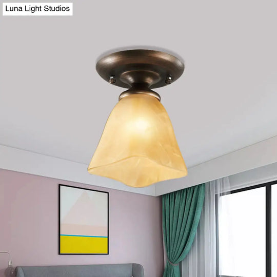 Cloudy Glass Tan Flushmount Cowbell Shaped Rural Ceiling Light For Stairs